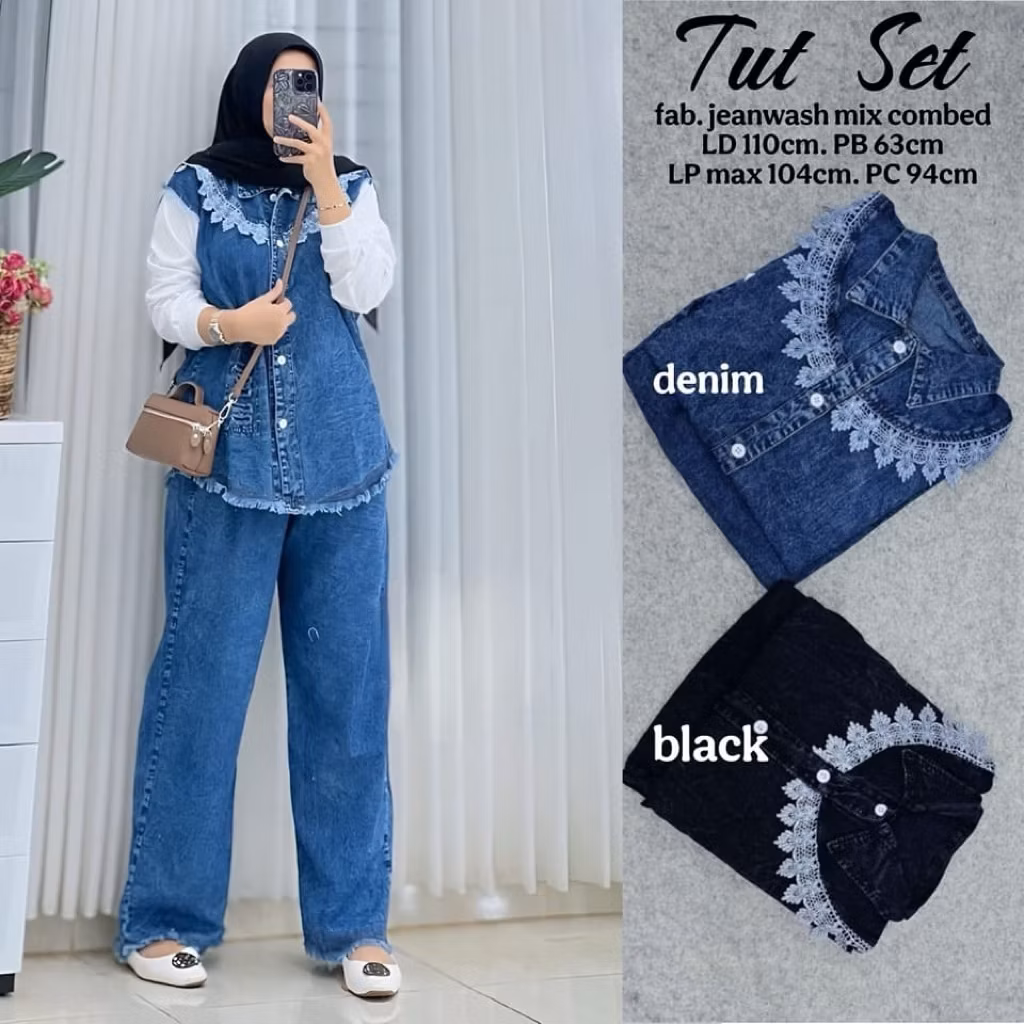 SETELAN JEANS BRUKAT RENDA