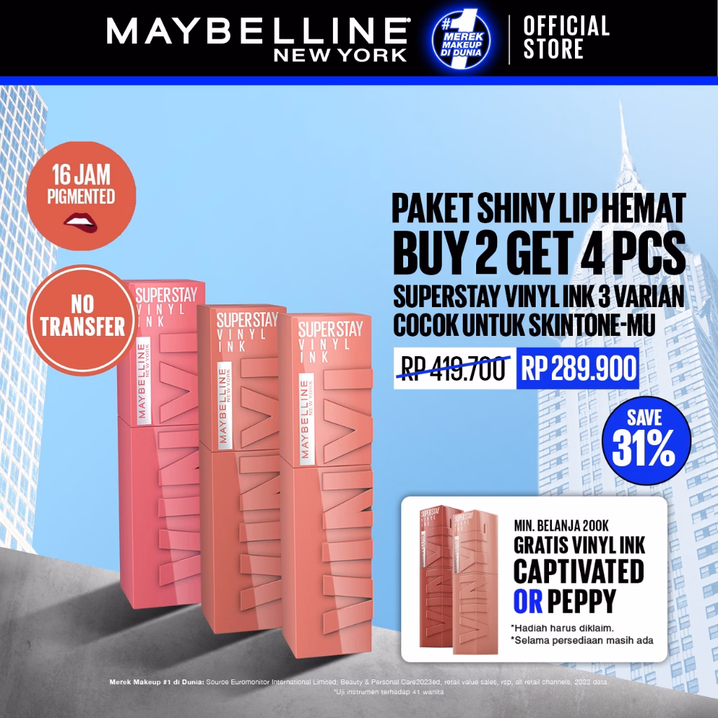 MAYBELLINE OFFICIAL LIP KIT Superstay Vinyl Ink 3 pcs - Shiny Pigmented Liquid Lipstik Lipstick