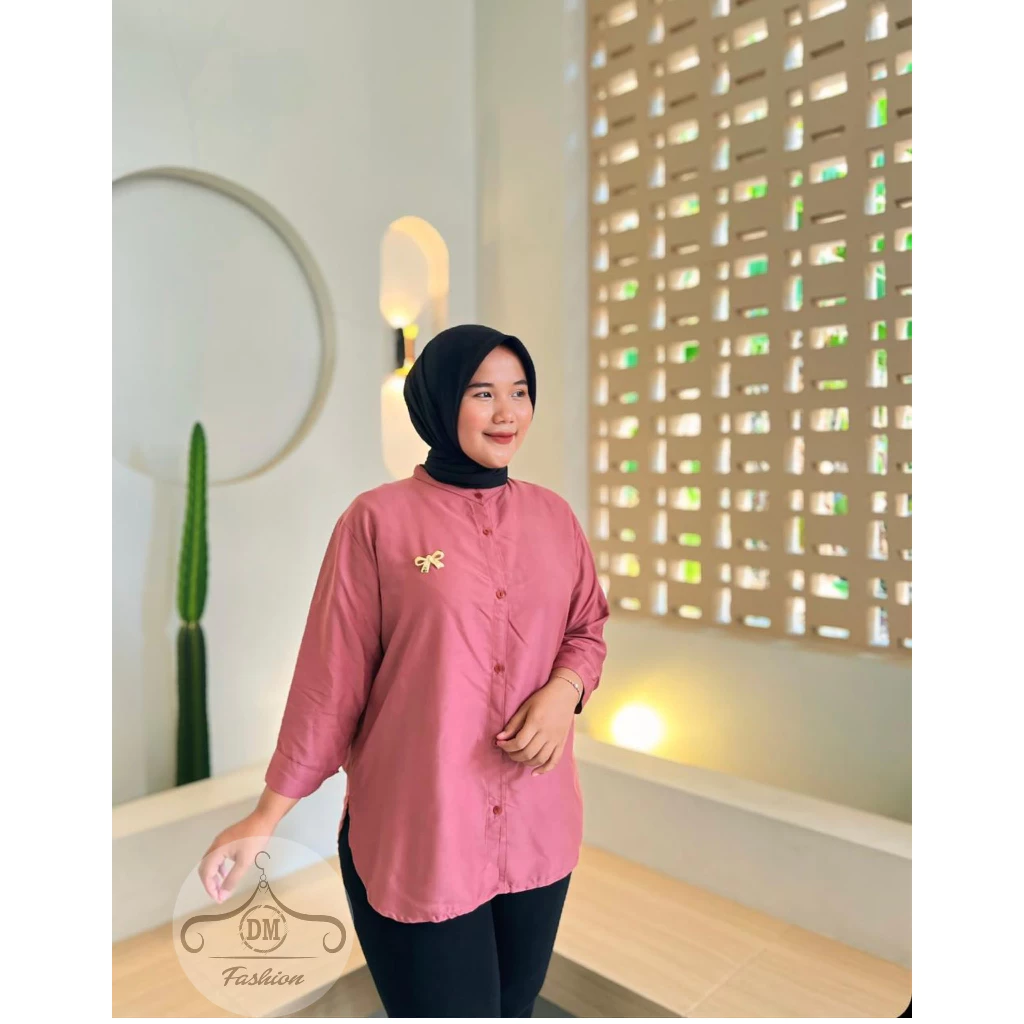 Kemeja Rayon Twill lengan 3/4 Blouse wanita lengan 3/4