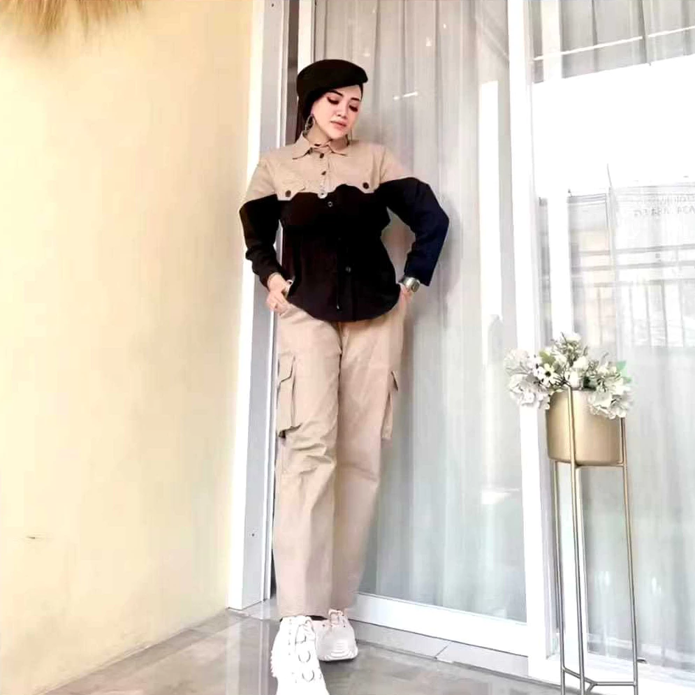 BAJU WANITA SETELAN POLOS KOMBINASI SET CARGO LENGAN PANJANG CELANA PANJANG