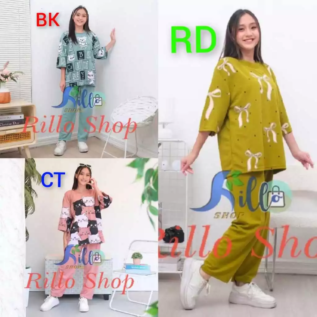 RILLO - PAKET HEMAT 3 SET !!! Setelan Wanita Ld 120 Ribbon Dot X Boneka X Cattie