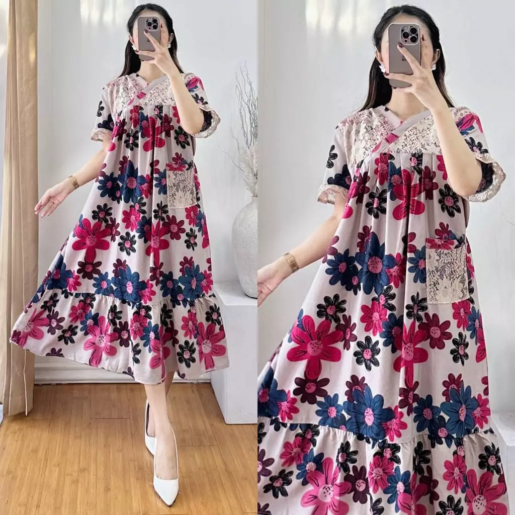 DASTER KARINA DRESS KIMONO BROKAT LD 120CM PIYAMA TALI SAMPING BAHAN RAYON PREMIUM TERBARU