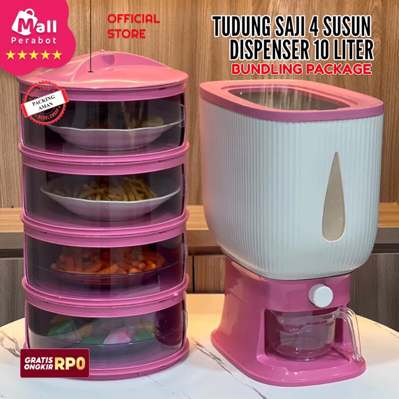 Bundling | Dispenser Beras 10 Liter | Tudung Saji 4 Susun Tempat Penyimpanan Beras Rice Box Harga Termurah