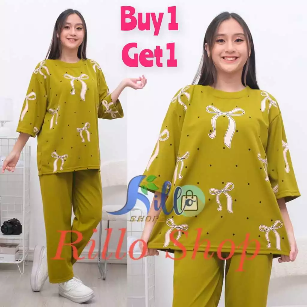 RILLO - BUY 1 GET 1!!! Setelan Wanita Ld 120 Ribbon Dot Atasan Dan Celana panjang