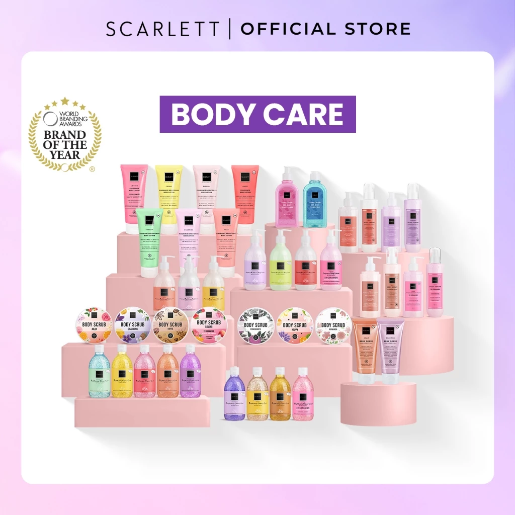 Scarlett Whitening Bodycare dengan kandungan utama Glutathione, Glycolic Acid, dan Vitamin E sebagai solusi untuk kulitmu agar terasa cerah, lembap, ternutrisi dan wangi sepanjang hari. Disini kamu bisa memilih varian bodycare yang mengekspresikan dirimu & melengkapi kebutuhan kulitmu!