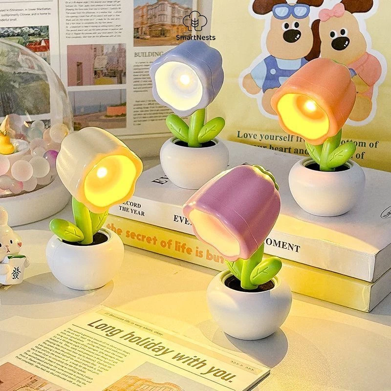 Pot Bunga Lucu Lampu Malam Kamar Tidur / Lampu Meja Estetik Bentuk Bunga Lucu / Lampu Tidur Aesthetic / Lampu Baca Free Baterai  SM