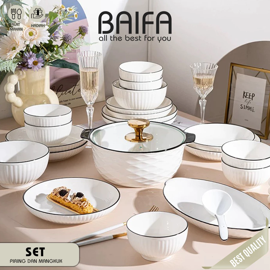 BAIFA - SET 4 Piring & Mangkuk Makan Keramik Modern Putih List Hitam Elegant Style Diamond Pattern