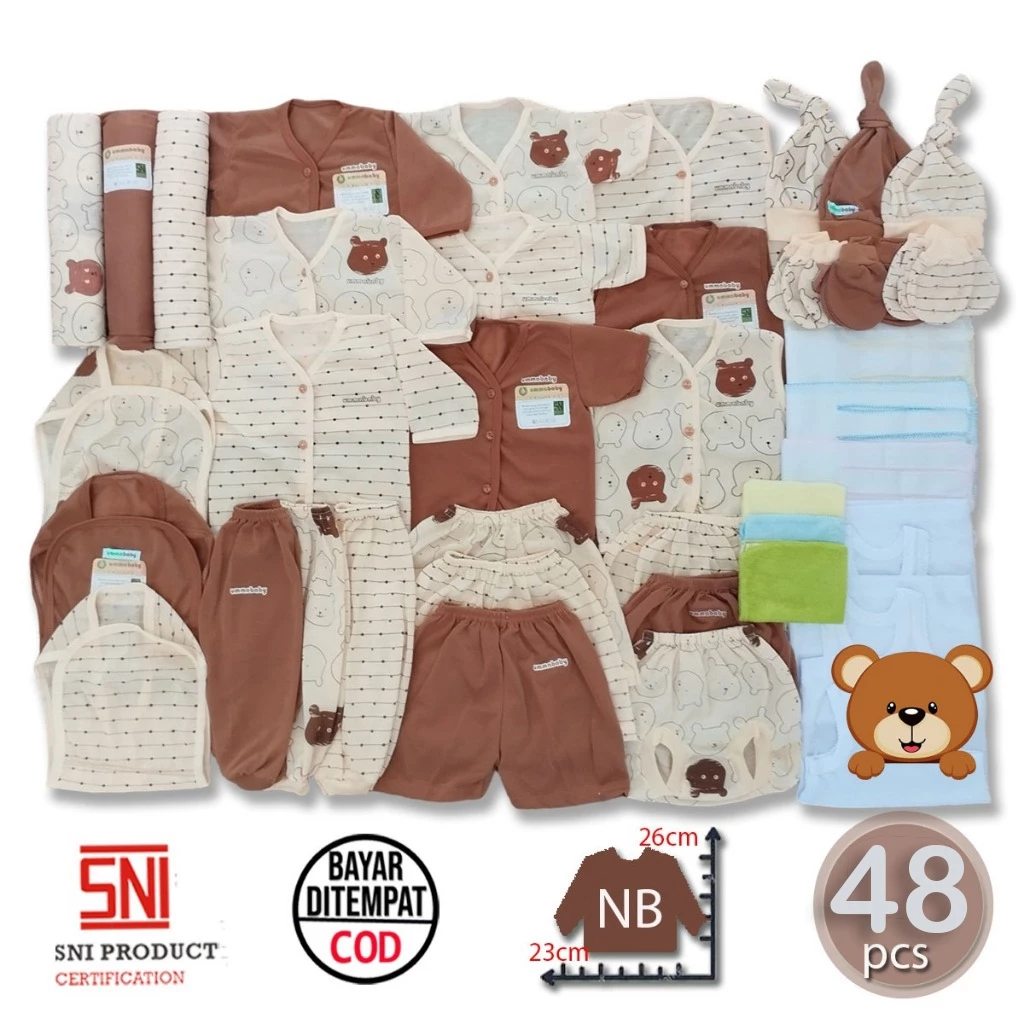 ummababyshop 48 pcs Set Baju Bayi Newborn SNI Paket Perlengkapan Baru Lahir New Born 0 3 Perempuan Laki Laki Handuk Bedong Kaos Popok Gurita Topi Sarung Tangan Kaki Setelan Lengan Panjang Pendek Kutung Beruang Coklat
