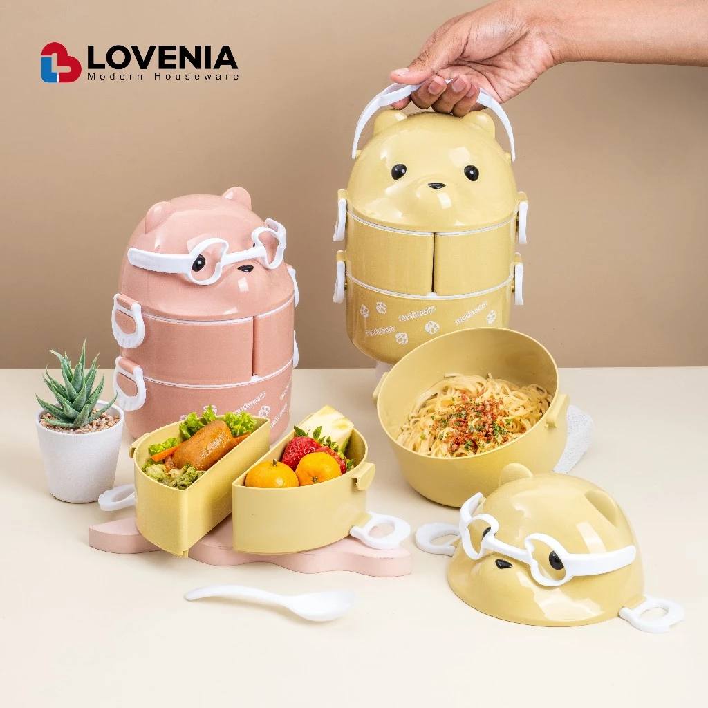 Lovenia RANTANG PANDA Sekat Susun 4 bonus Sendok Makan Plastik / Lunch Box Beruang Karakter Sekat 4