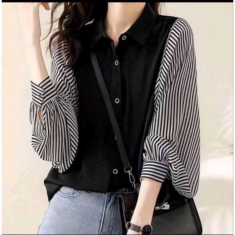 Laila kemeja rayon twill kombinasi salur atasan tangan balon Nyaman Wanita Simple Formal Putih
