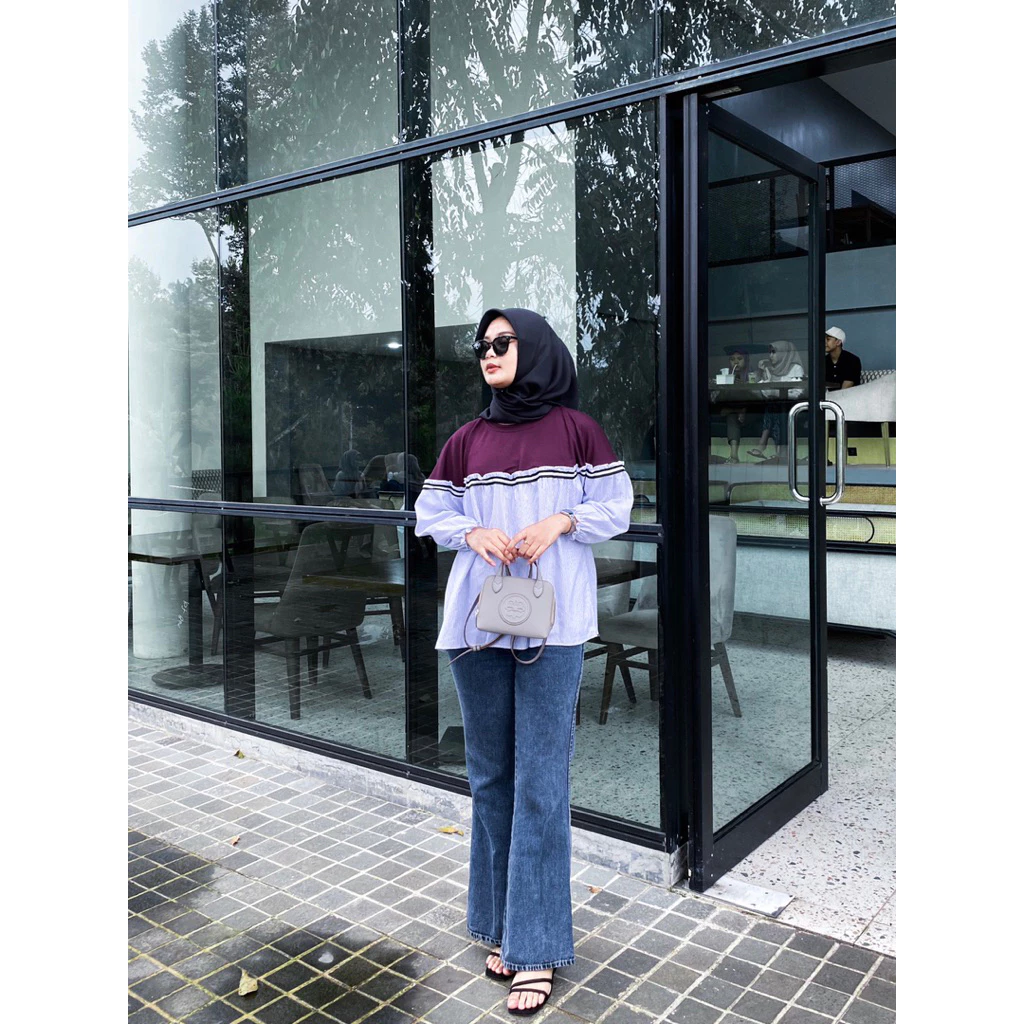naya blouse katun salur mix knit atasan wanita stripe