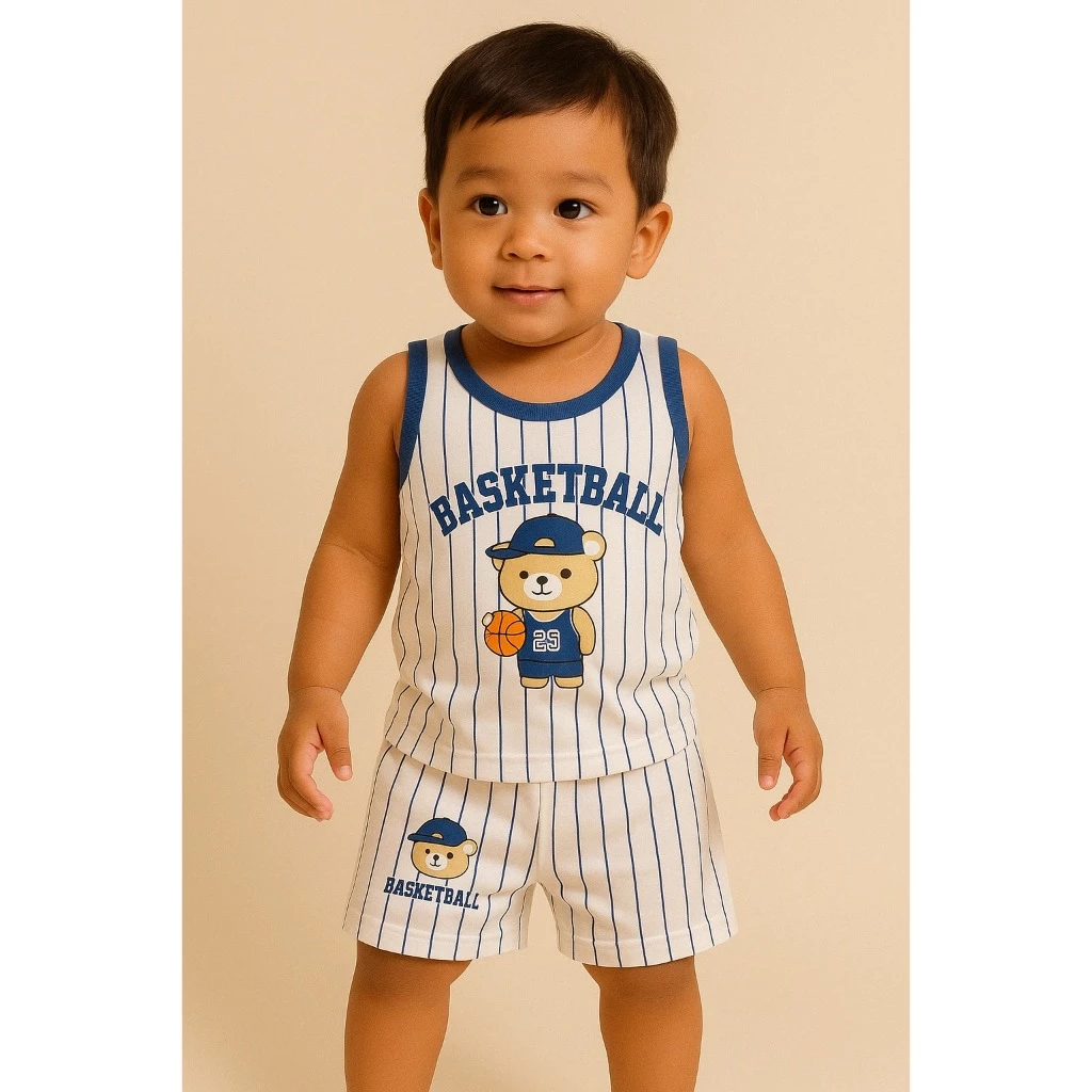 SINGLET SET BABY BASKETBALL SALUR BEAR / BAJU SET LEKBONG BAYI