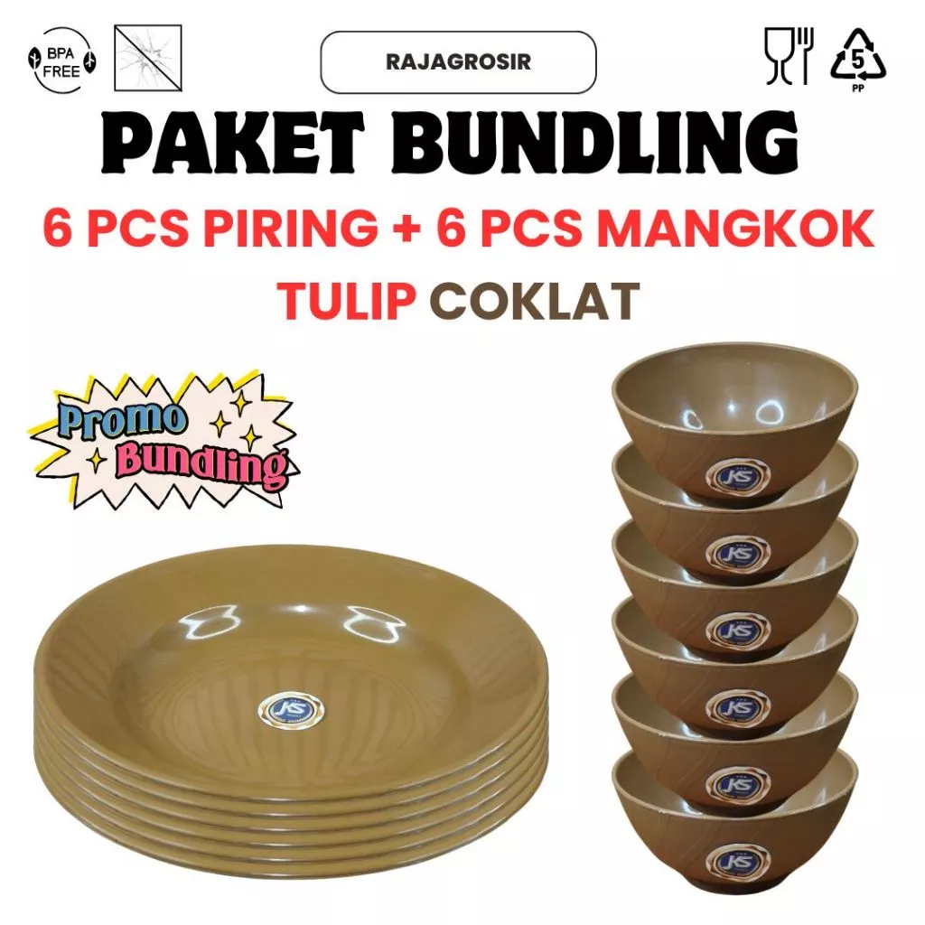 PAKET BUNDLING ISI 12 PCS (1 LUSIN) 6 PCS MANGKOK TULIP COKLAT + 6 PCS PIRING PLASTIK COKLAT