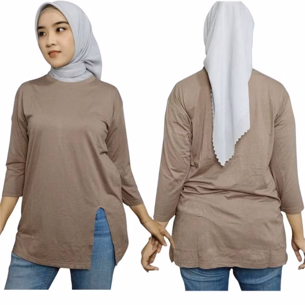 Baju Kaos Wanita Lengan 7/8 Ada Belahan Samping Kiri Bahan spandex rayon