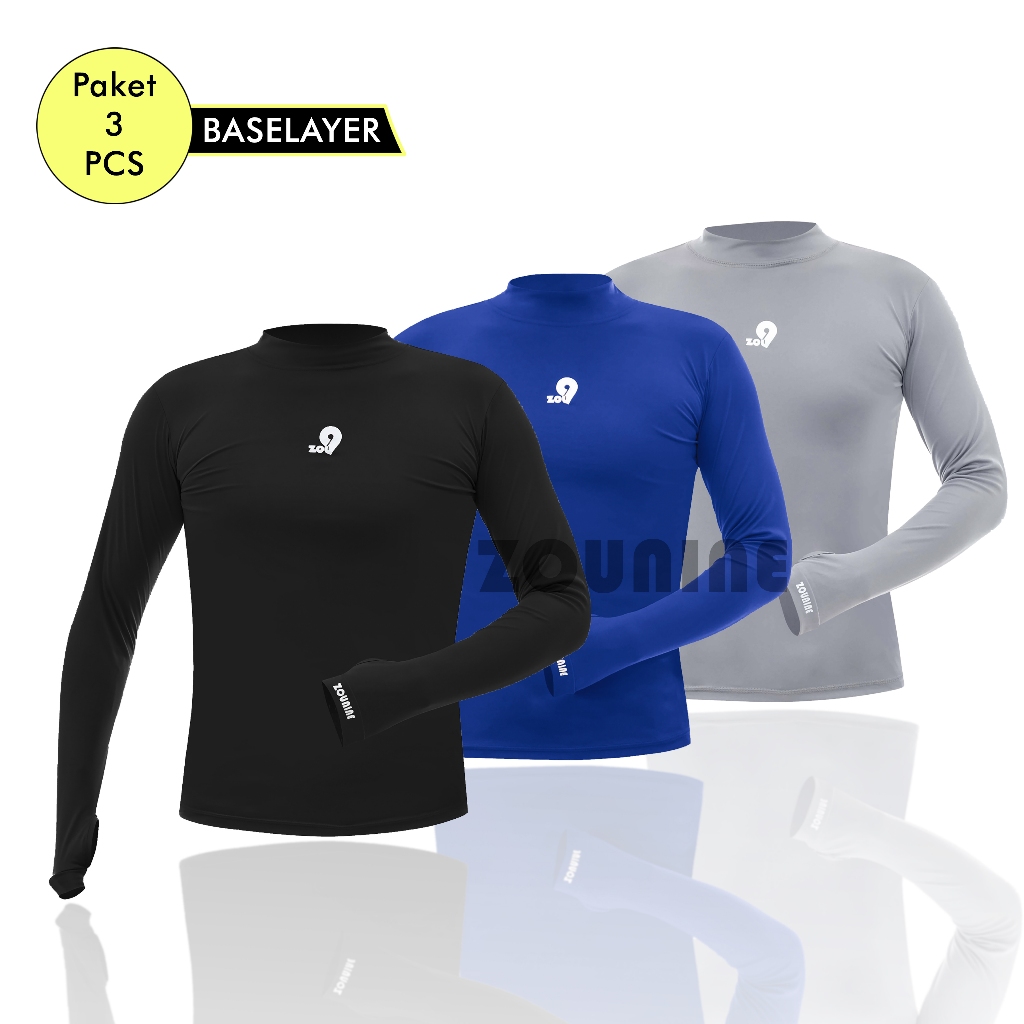 Zou9 3 Pcs Baselayer Manset Pria Olahraga Lengan Panjang Dalaman Baju Base Layer Kaos Gym