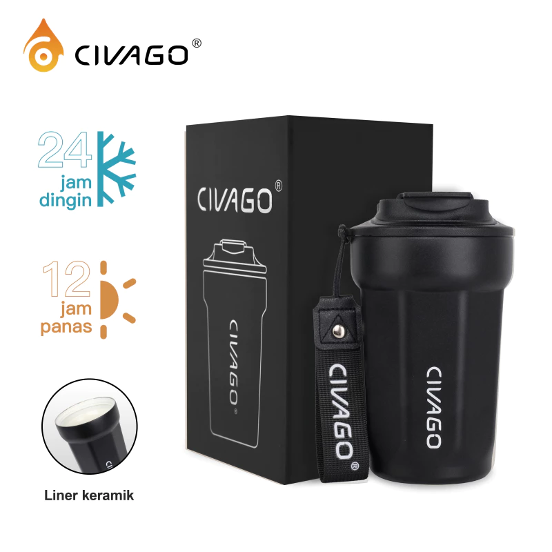 CIVAGO (13oz/385ml) Mug Kopi Stainless Steel dengan Lapisan Keramik dan Tutup Termos