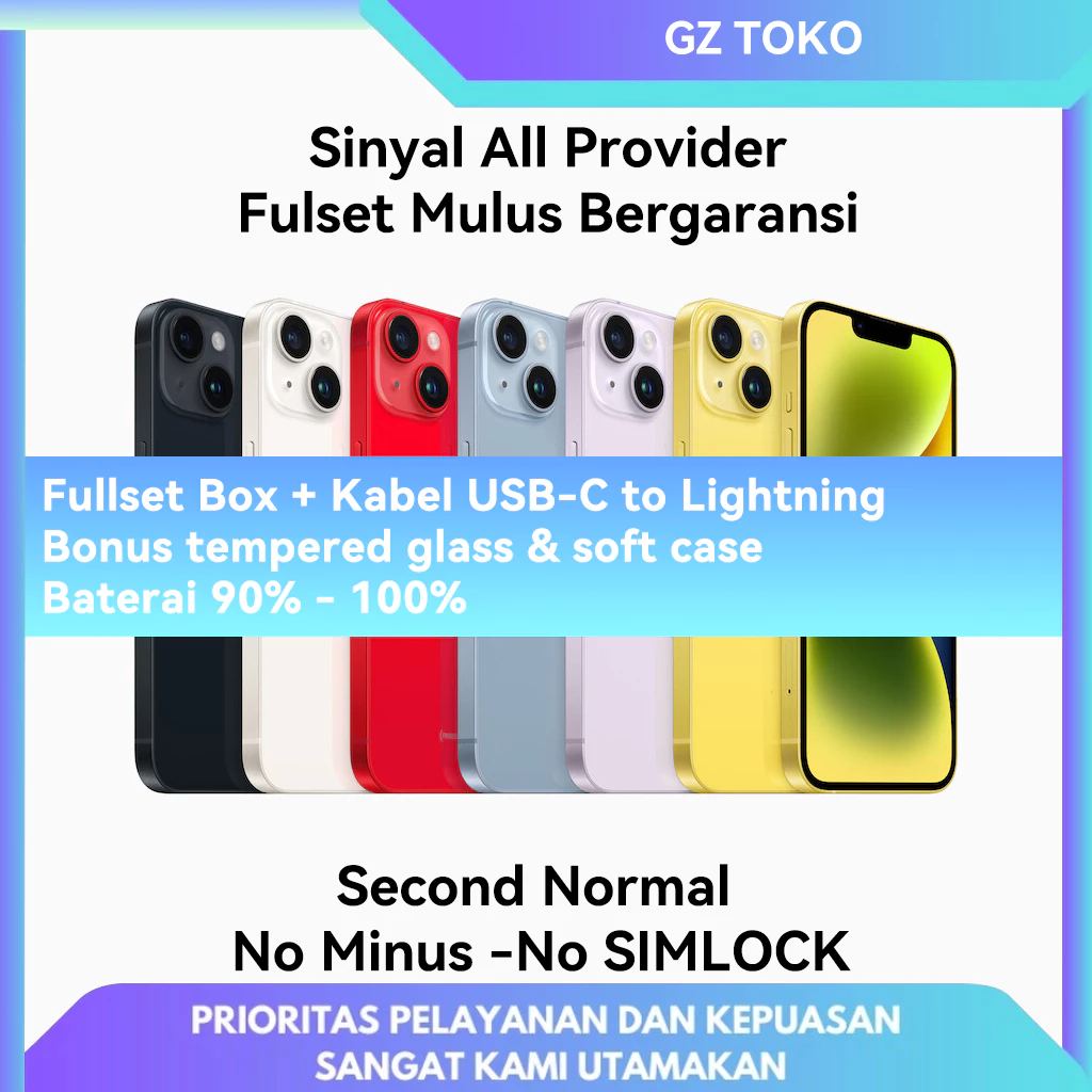 IP 14 second 128gb 256gb bekas Fullset Box + Kabel USB-C to Lightning Bonus tempered glass & soft case Baterai 90% - 100% / IP 14 / IP 14 Second / IP 14 INTER