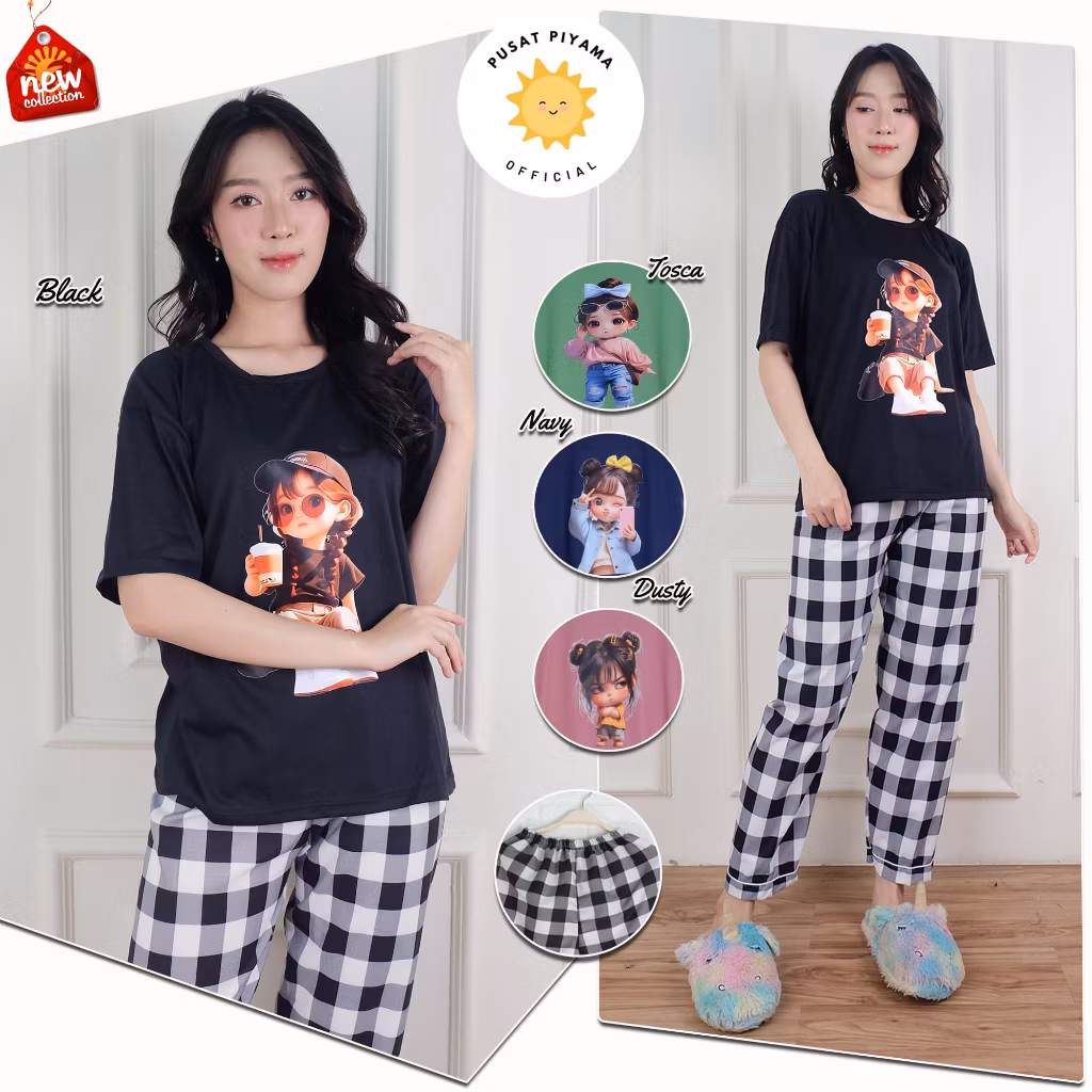 Piyama Baju Tidur Wanita Cewek Motif RetroGirl  Kekinian Bahan Kaos Celana Katun