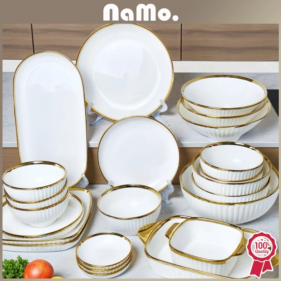 Namo Gift - Piring & Mangkuk Makan Keramik Putih Tebal List Gold Elegan/ Piring Keramik Sultan Mewah