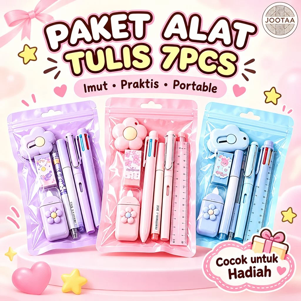 Paket Alat Tulis 7in1 Estetik Lucu Lengkap Dan Praktis, Isi Buku Tulis Tempat Pensil Pulpen Pensil Stiker Penghapus Untuk Anak Sekolah Dan Pelajar