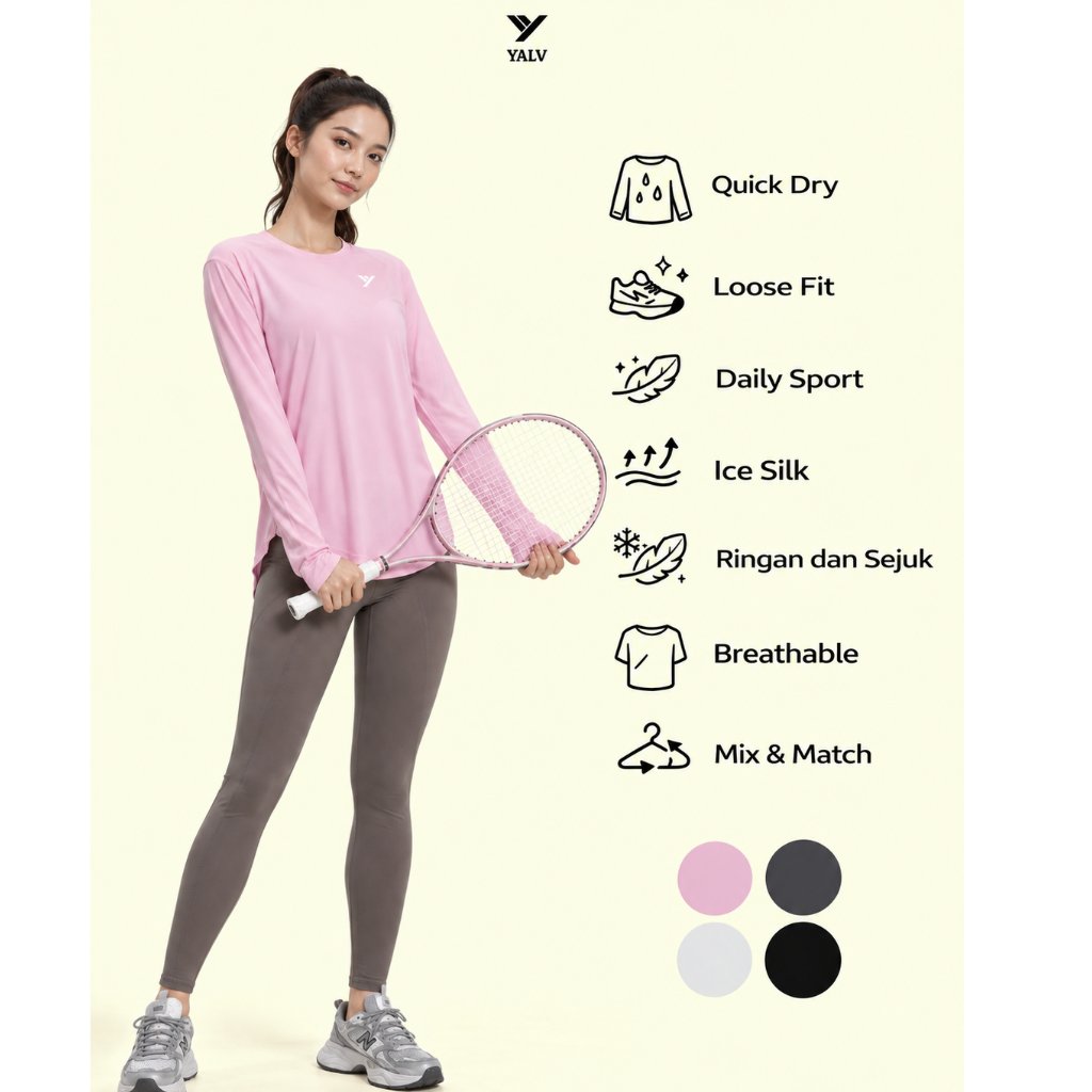 Yalv Eira Atasan Olahraga Hijab Wanita Lengan Panjang Anti Panas & Long Sleeve Padel Gym