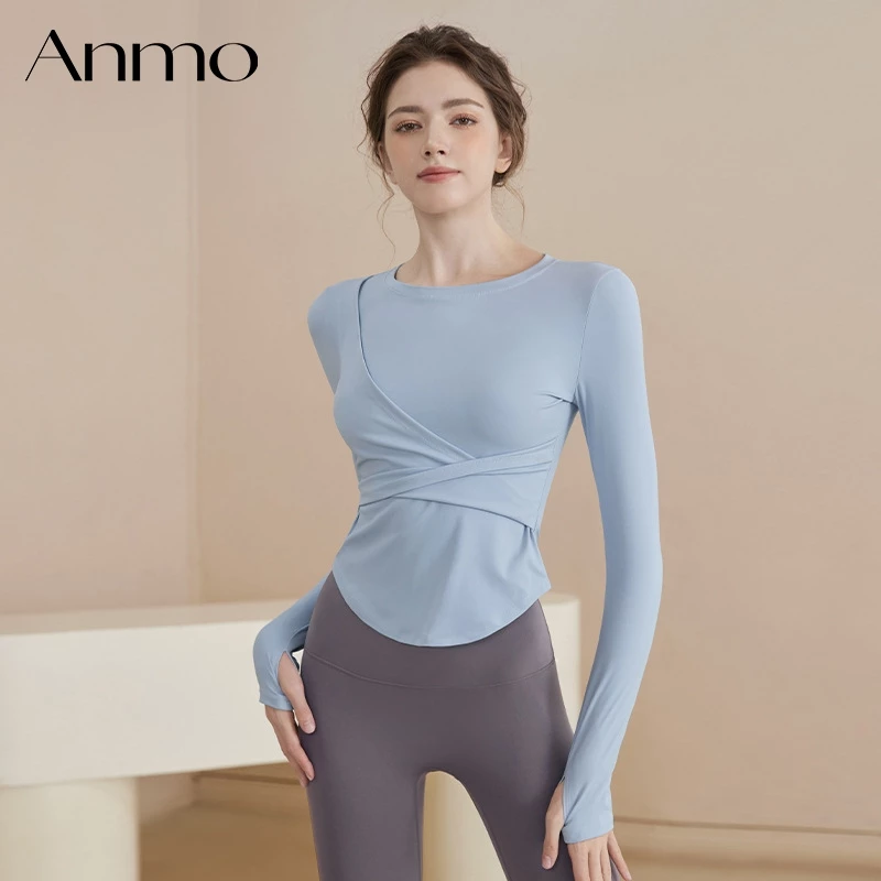 ANMO-Atasan olahraga lengan panjang dengan desain elegan, pas di badan, memberikan efek