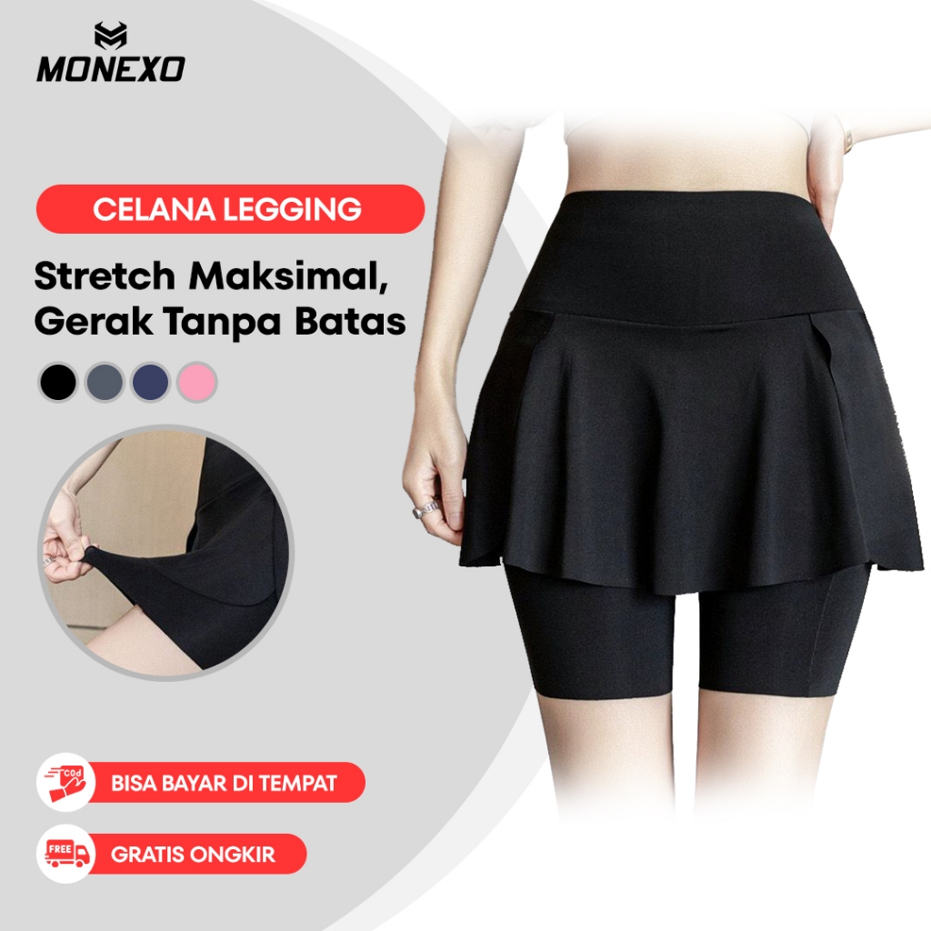 Monexo - Legging Rok Olahraga Wanita High Waist 2-in-1 Rok Tenis Bulu Tangkis Rok