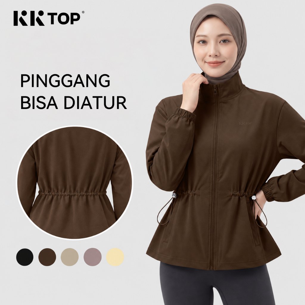 KKTOP-Jaket Wanita Serut Pinggang Kerah Tegak Resleting Depan Casual Sporty (J012)