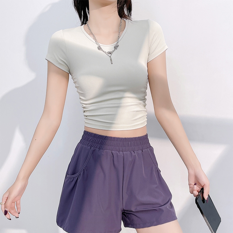 YOUMI Baju Atasan Crop Olahraga Wanita Lengan Pendek Fitwear Yoga Pilates Tenis Poundfit