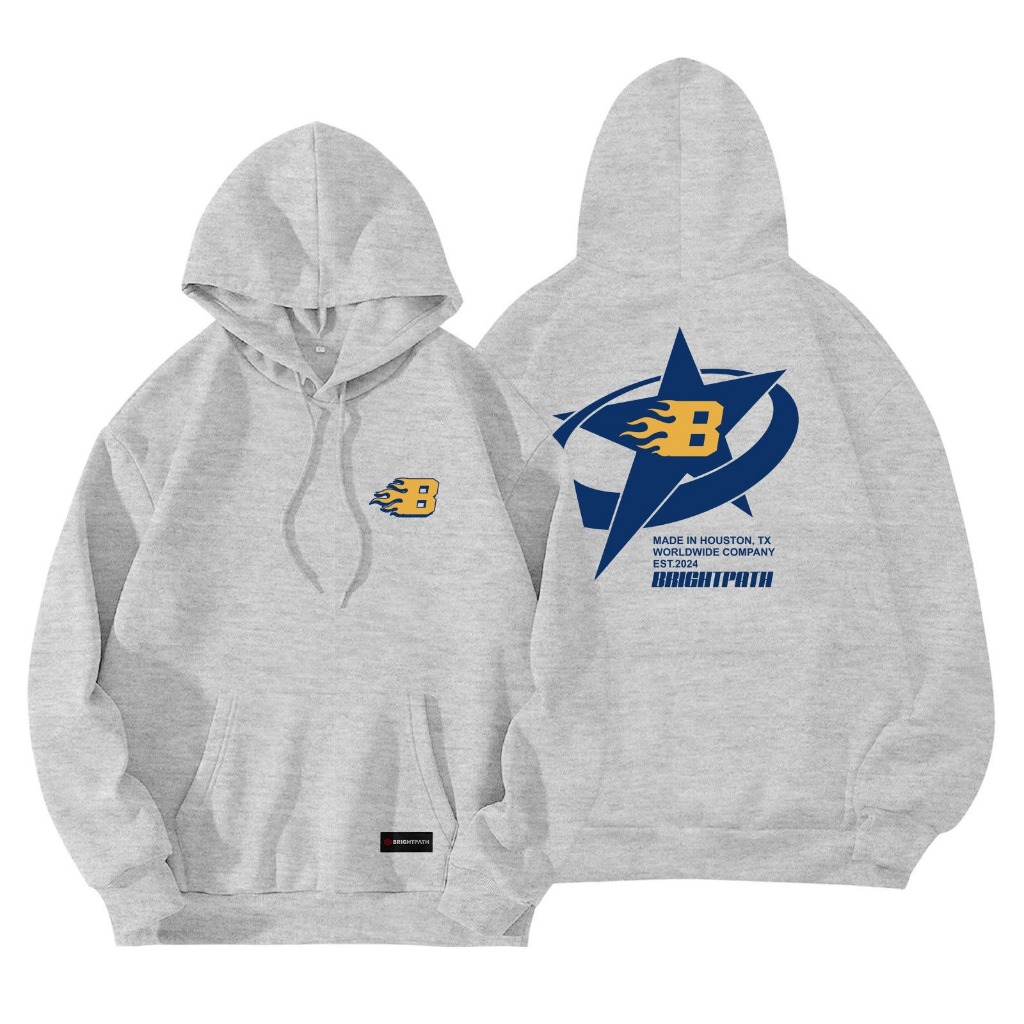 BRIGHTPATH - Hoodie Pria Bahan Fleece Lembut Star B Abu-Abu