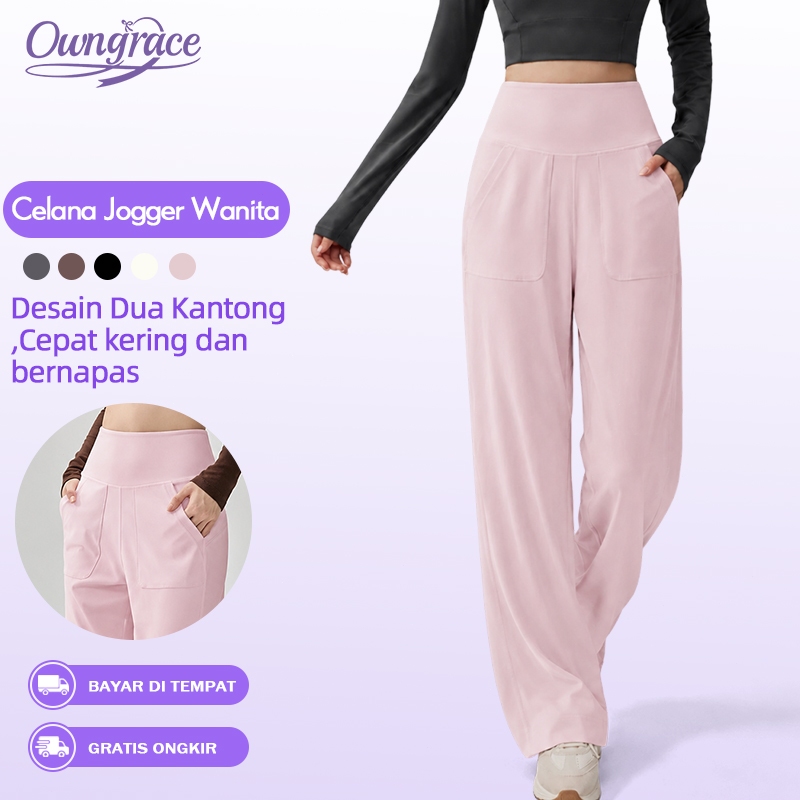 Owngrace Celana Kasual Olahraga Wanita High-Waist – Model Lurus Longgar, Desain Cutbray