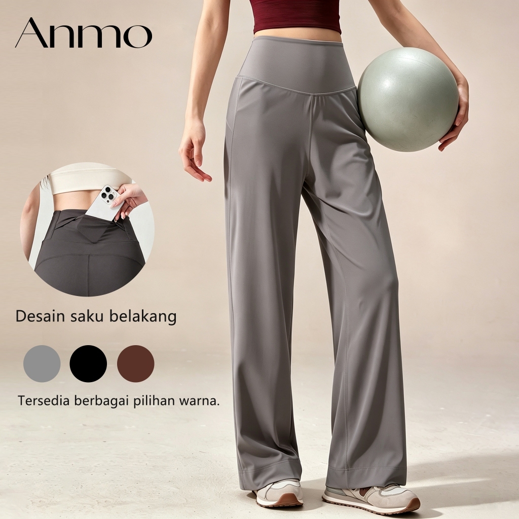 Anmo-Celana yoga berpinggang tinggi, celana olahraga longgar, bukaan kaki lurus dan saku