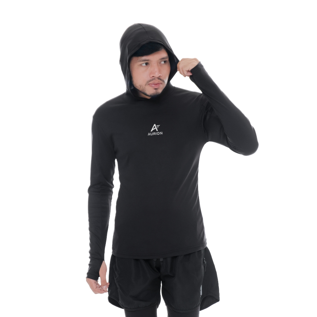 AURION Baselayer Hoodie Manset Kupluk Lengan Panjang Atasan Olahraga Pria Wanita