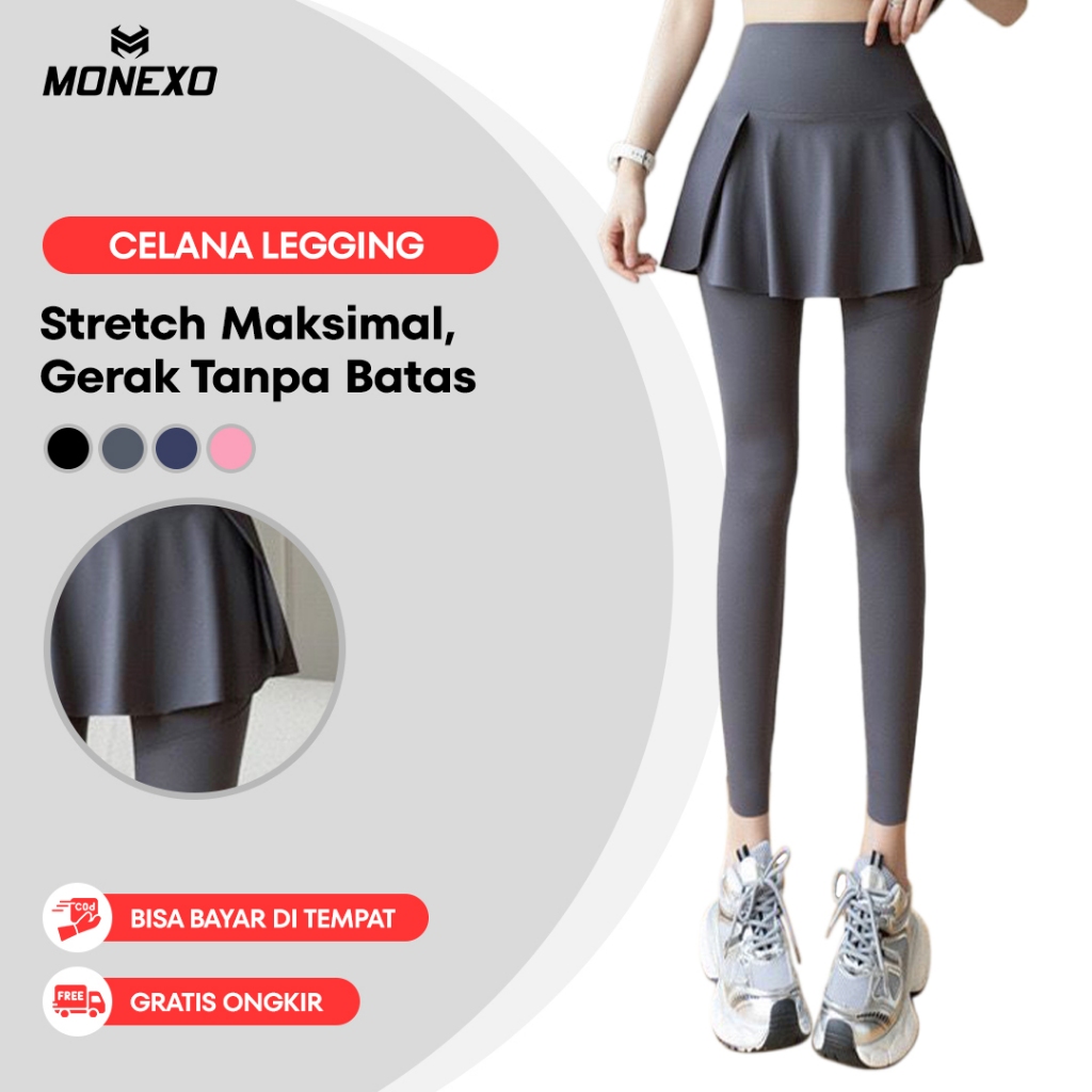 Monexo - Legging 2-in-1Rok Celana Olahraga Wanita Highwaist Legging Olahraga Pilates Yoga
