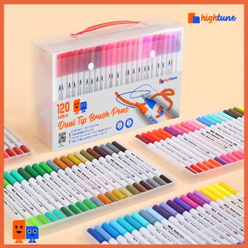 Hightune Spidol Warna Set 12/36/60/80/100/120 Spidol Brush Pen 2 Tips Spidol Set Marker Drawing Pen