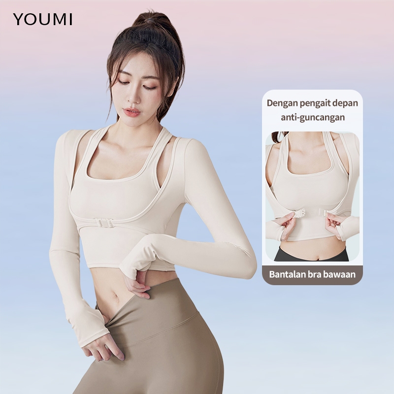 YOUMI Atasan Crop Lengan Panjang Olahraga Wanita Dengan Bra Pengait Depan Yoga Gym Senam