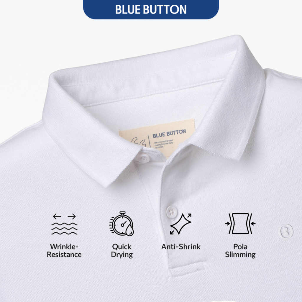 BLUEBUTTON Polo Shirt Pria Putih Slim Fit Premium Bahan Tebal Adem