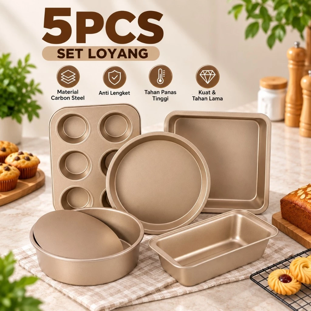 BAKINDO Loyang Set 5pcs Golden Series Non Stick Coating / Brownies / Loaf Pan / Pizza