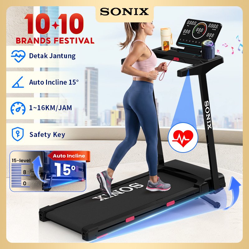 SONIX Treadmill Elektrik STR11 Auto Incline 15° Dapat Dilipat Multifungsi Layar LED