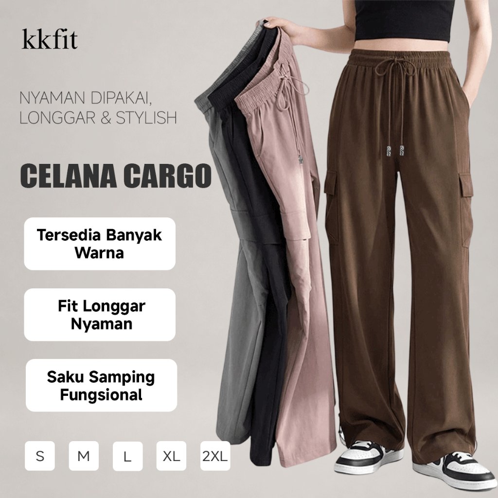 KKFIT Celana Cargo Wanita High Waist Loose Fit Korean Style, Banyak Kantong, Nyaman untuk