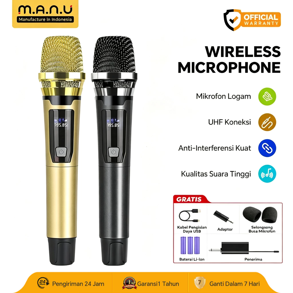 MANU Mikrofon Wireless UHF Double Mic Logam, Mikrofon Karaoke Nirkabel Anti Interferensi