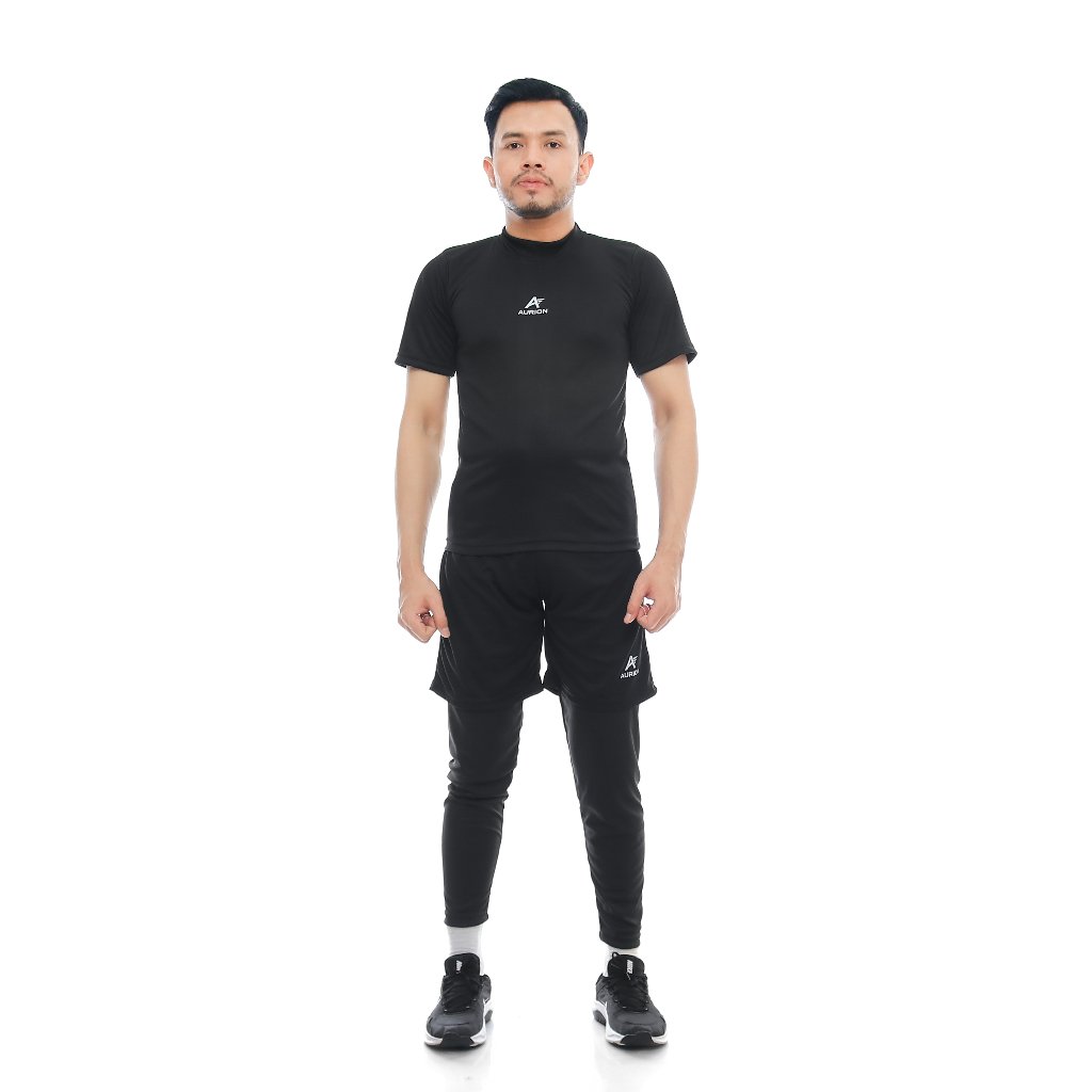 AURION Setelan Baselayer Manset Lengan Pendek Celana Pendek dan Legging Olahraga Pria