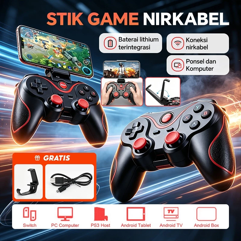 Stik Game Nirkabel Bluetooth Gamepad V5 Bonus Dudukan HP Untuk PUBG Mobile & Game PC