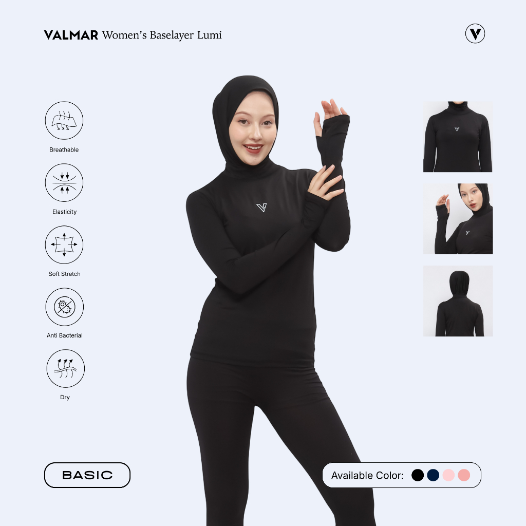 VALMAR SPORTWEAR Lumi Manset Olahraga Wanita Lubang Jari Baselayer Thumbhole Kerah Tinggi