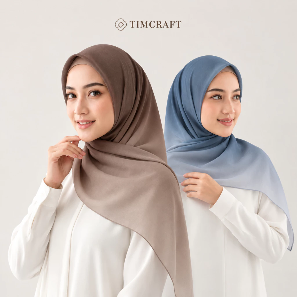 TIMCRAFT - Aurora Hijab Segi Empat Tanpa Pin Logo Metal Gradasi Two Tone Voal 110x110 Laser Cut Ombre Dua Warna
