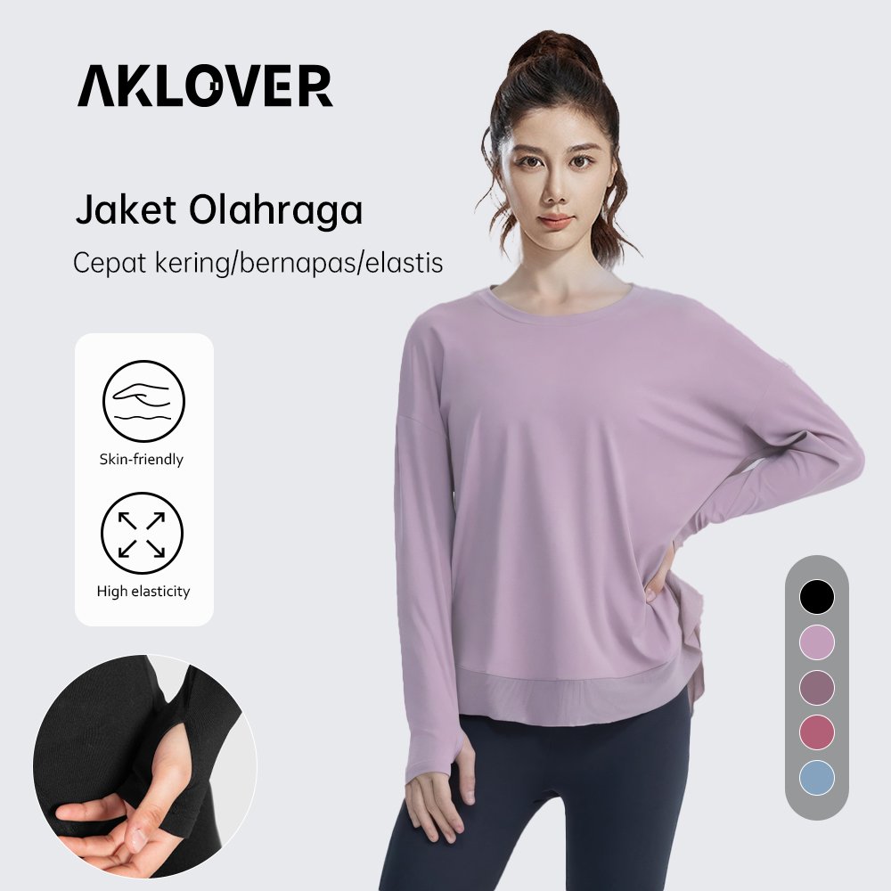 AKLOVER Baju Olahraga Wanita Longgar Loose Cut Lengan Panjang Kaos Olahraga Wanita Long