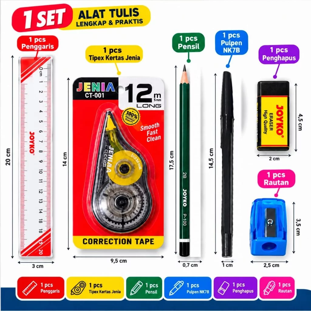 Paket Satu Set Alat Tulis Untuk Anak Sekolah SD SMP SMA Pulpen Pensil Penghapus Rautan Tipe X