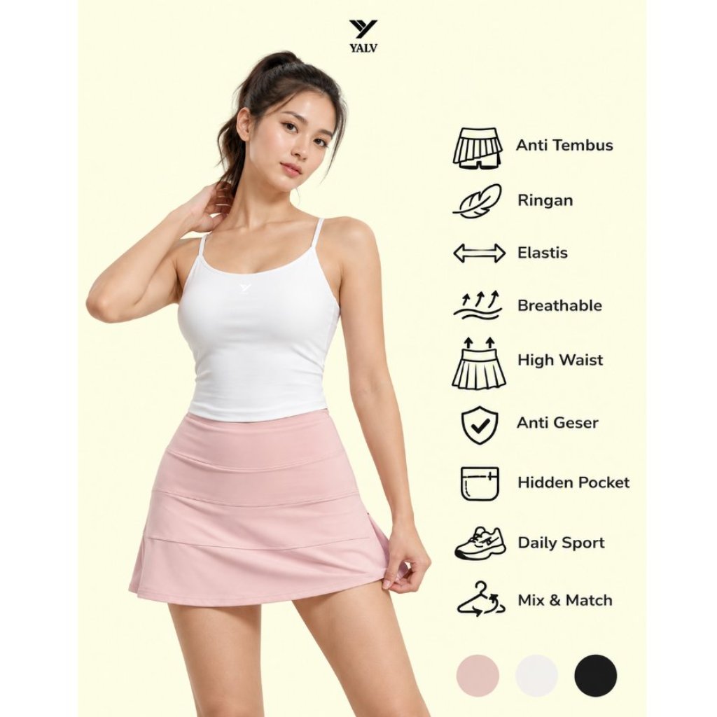 Yalv Drift Rok Skort Skirt Celana Sport Premium Adem Stylish Lembut Premium Tennis Padel