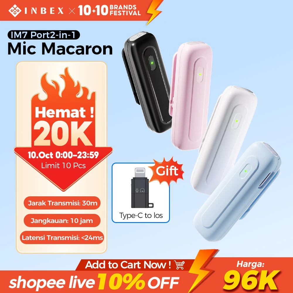INBEX IM7 1in2 Wireless Lavalier Microphone Macaron 360° Omnidirectional DSP Chip One-Touch Mute 2.4G Low-Latency 9 ms & ENC 90%
