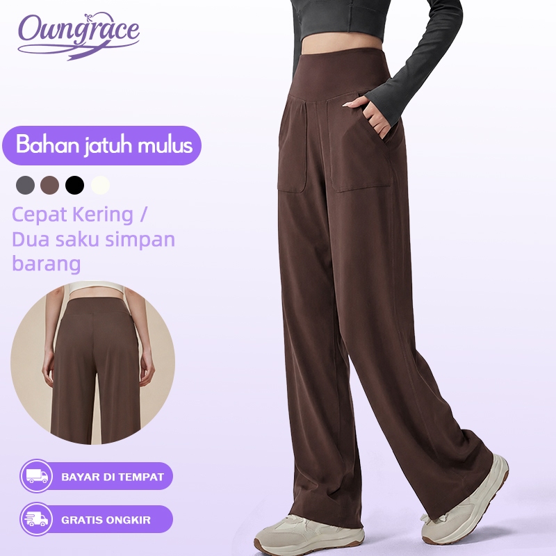 Owngrace Celana kasual high-waist, celana olahraga, santai, celana longgar model lurus